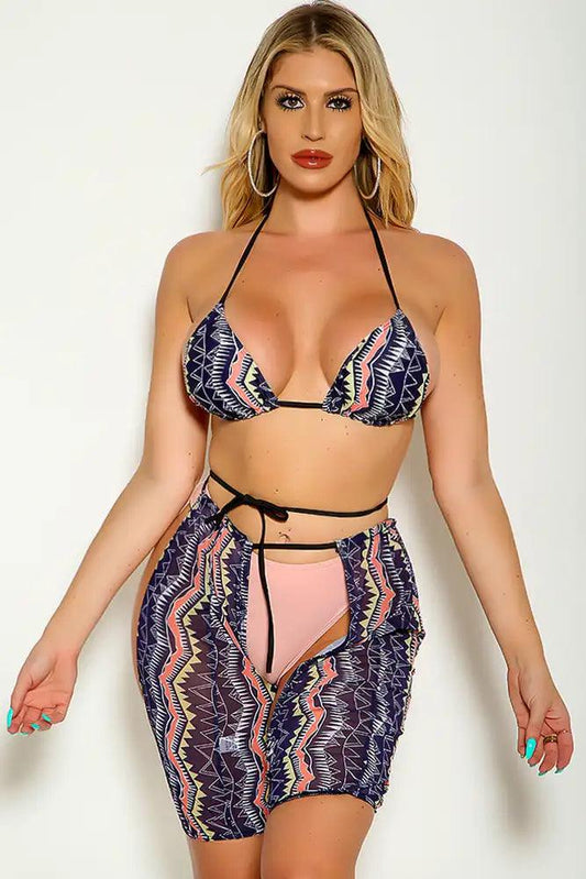 Pink Multi Halter Two Tone Mesh Cover Up Three Piece Sexy Swimsuit - Babewear