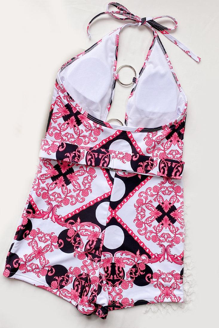 Pink Print Hollow Out O-RIng Plunge Monokini