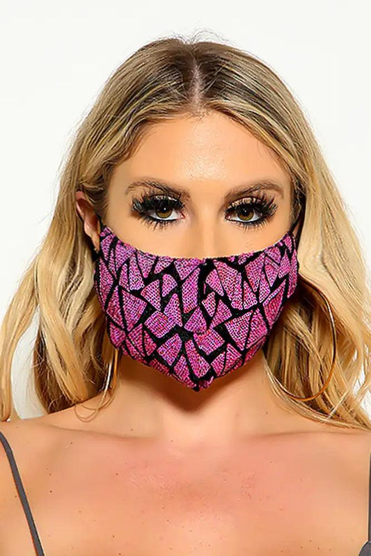 Pink Purple Sequin Geometric Print Fashion Mask - Babewear