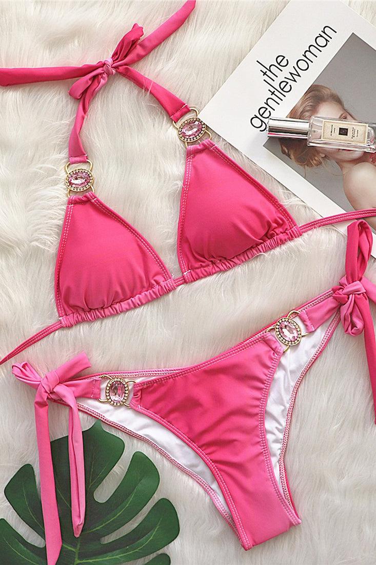 Pink Rhinestone Gem Strappy Halter 2 Pc Swimsuit