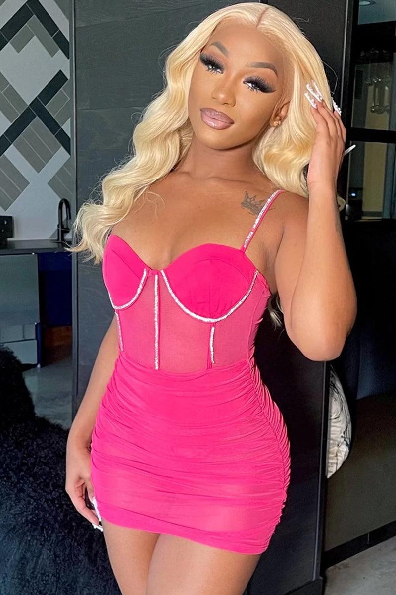 Pink Rhinestone Ruched Mesh Sleeveless Sexy Party Dress