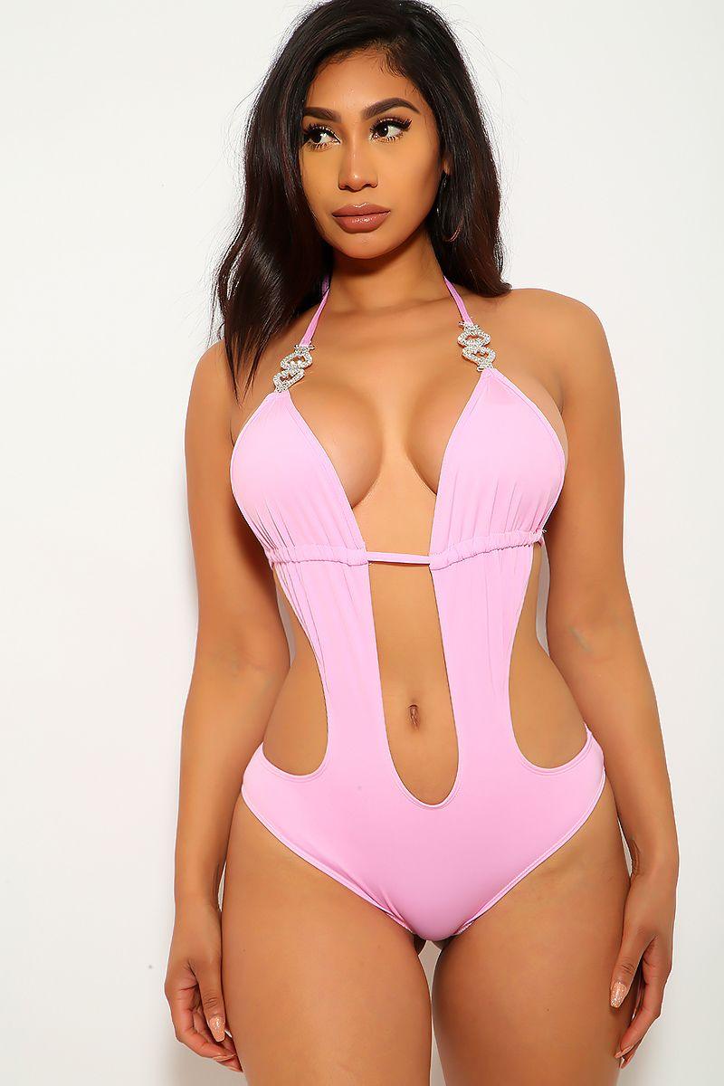 Pink Rhinestones Cut Out Monokini - Babewear