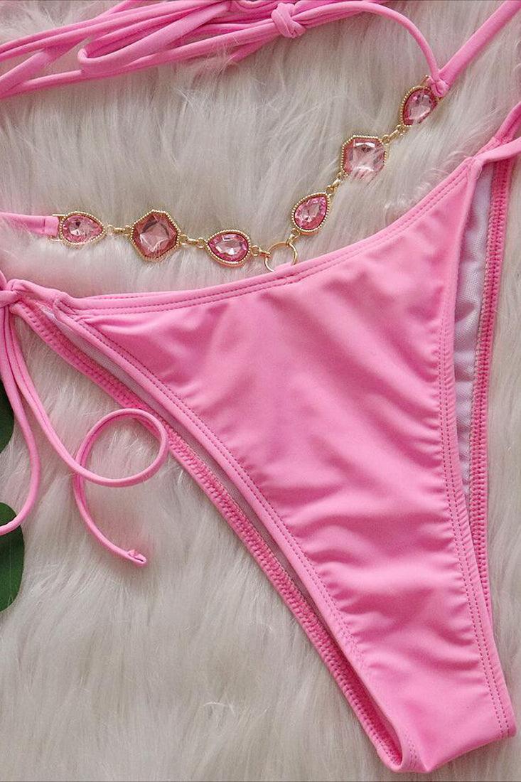 Pink Rhinestones Strappy Bandeau Halter Cheeky 2Pc Swimsuit Bikini