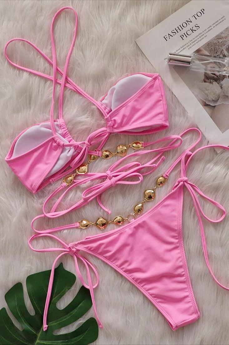 Pink Rhinestones Strappy Bandeau Halter Cheeky 2Pc Swimsuit Bikini