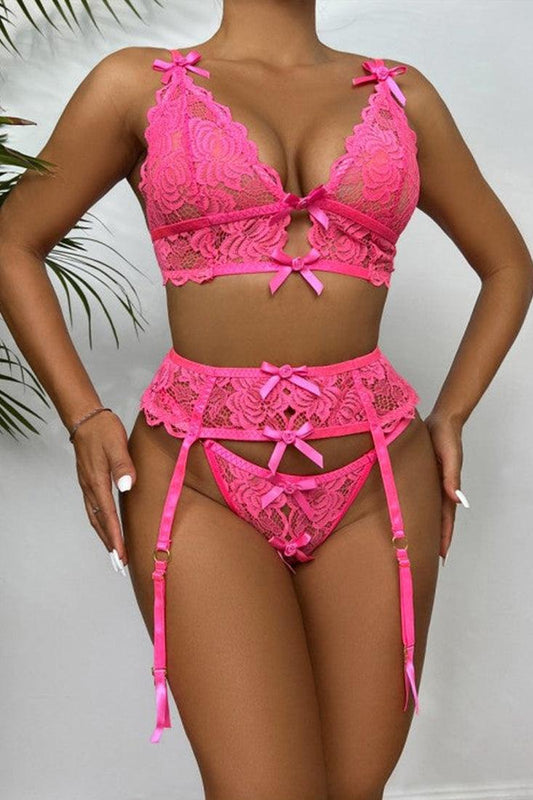 Pink Ribbon Bow Lace V-Neck Sexy Lingerie 3 Pc Set