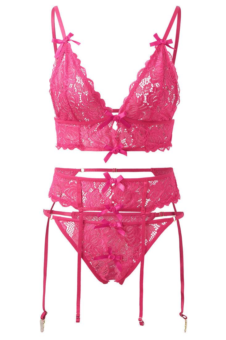 Pink Ribbon Bow Lace V-Neck Sexy Lingerie 3 Pc Set