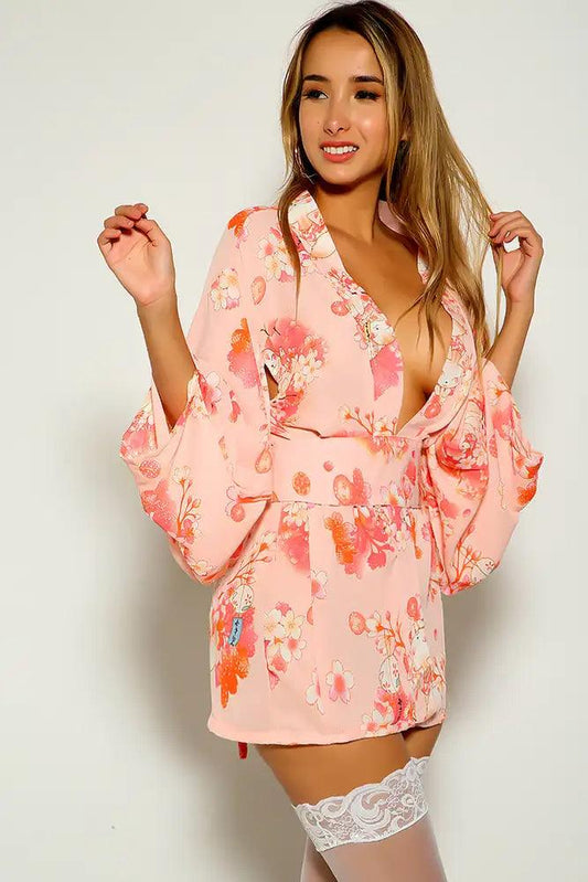 Pink Sexy Floral Print Traditional Japanese Kimono Exotic Costume