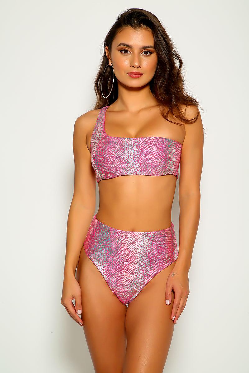 Pink Snake Print High Waist Two Piece Swimsuit