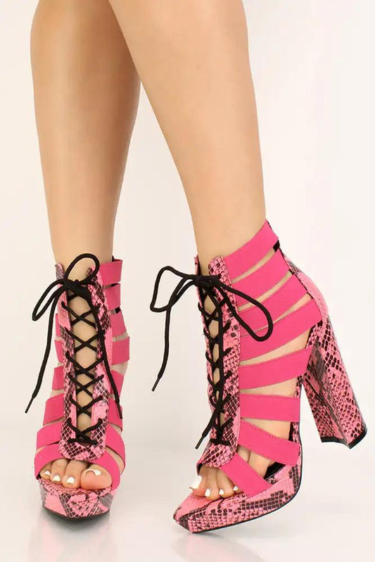 Pink Snake Print Strappy Lace Up Chunky Heels - Babewear