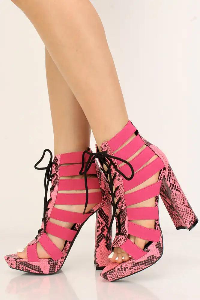 Pink Snake Print Strappy Lace Up Chunky Heels