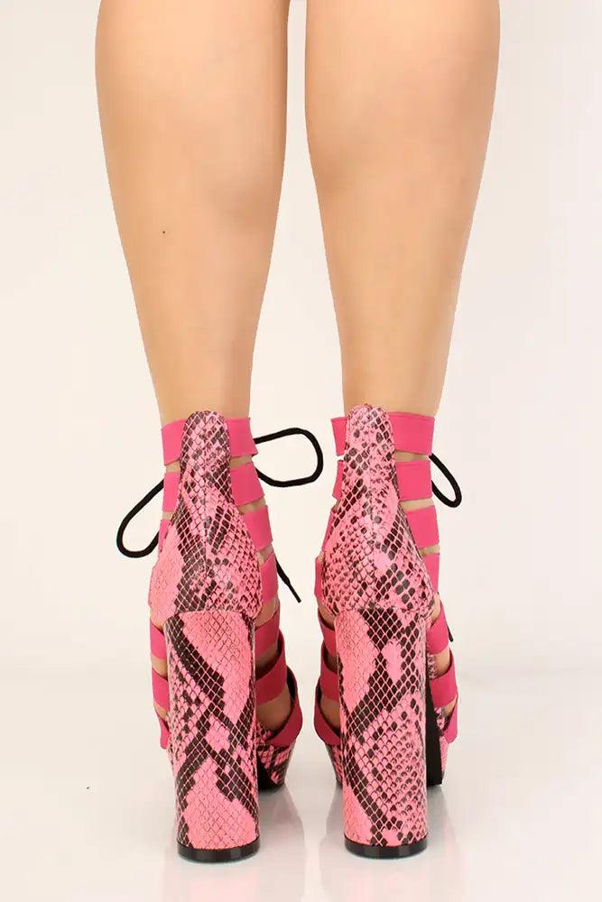 Pink Snake Print Strappy Lace Up Chunky Heels