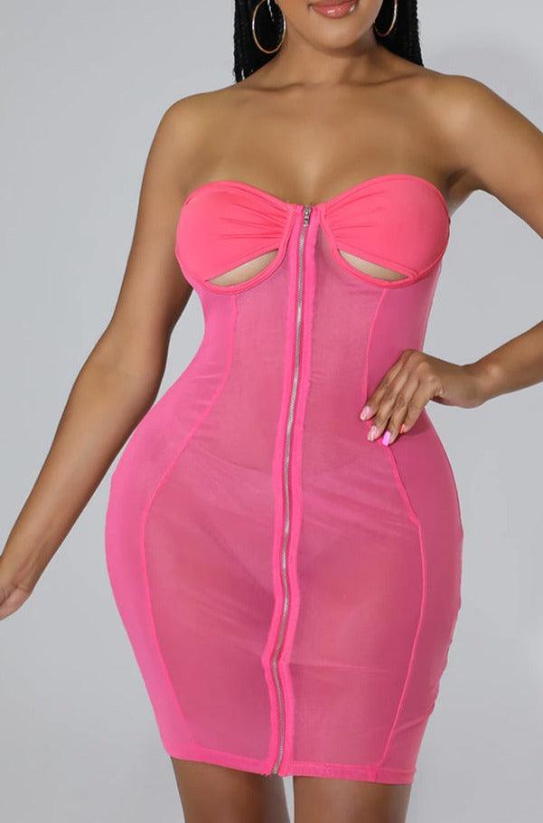 Pink Strapless Zipper Asymmetrical 2 Pc Sexy Party Dress