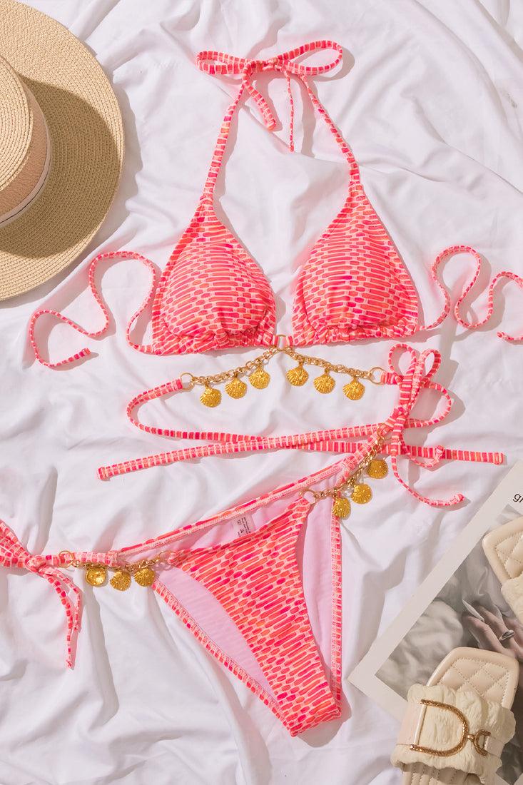 Pink Textured Gold Sea Shell Strappy Triangle Cheeky 2 Pc Sexy Swimsuit Set Bikini