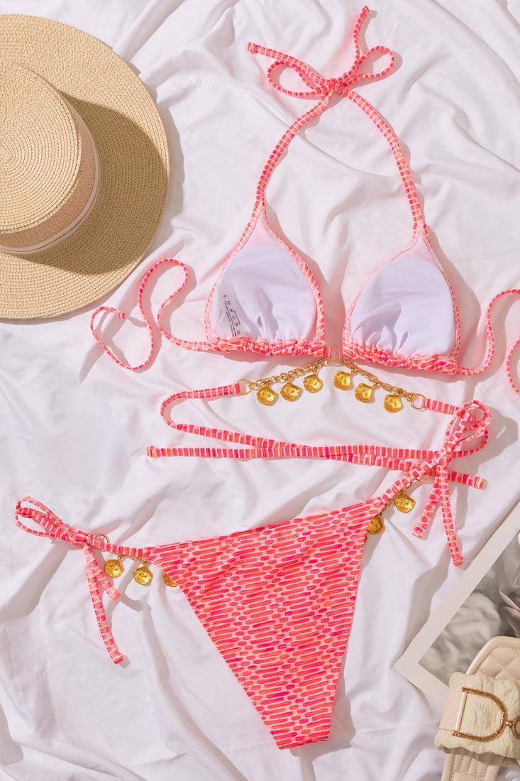 Pink Textured Gold Sea Shell Strappy Triangle Cheeky 2 Pc Sexy Swimsuit Set Bikini