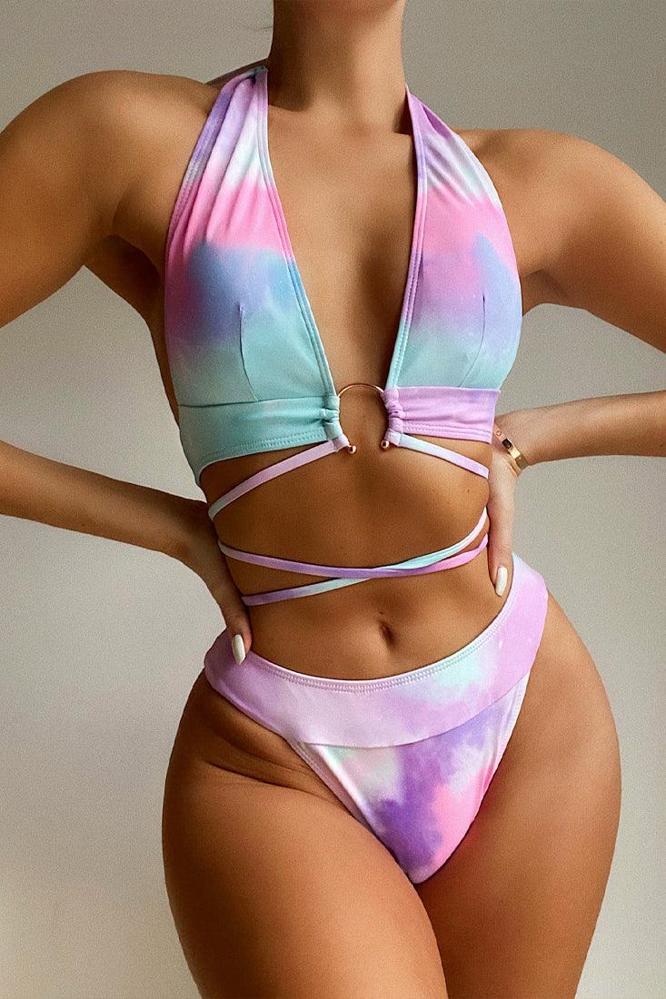 Pink Tie Dye Deep V-Neck Strappy 2 Pc Swimsuit