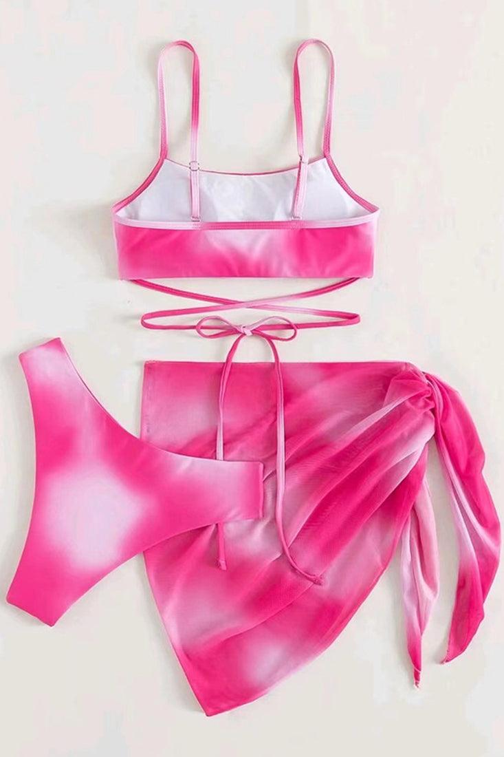 Pink Tie Dye Print Criss-Cross 3 Pc Bikini Set With Cover Up