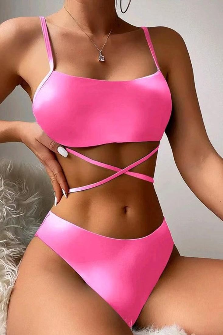 Pink Tie Dye Print Criss-Cross 3 Pc Bikini Set With Cover Up