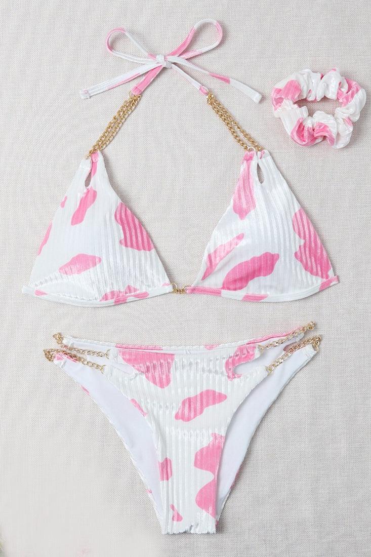 Pink White Chain Straps Sexy Three Piece Scrunchie Swimsuit Set