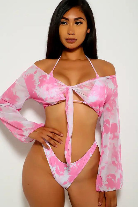 Pink White Tie Dye Print Two Piece Swimsuit - Babewear