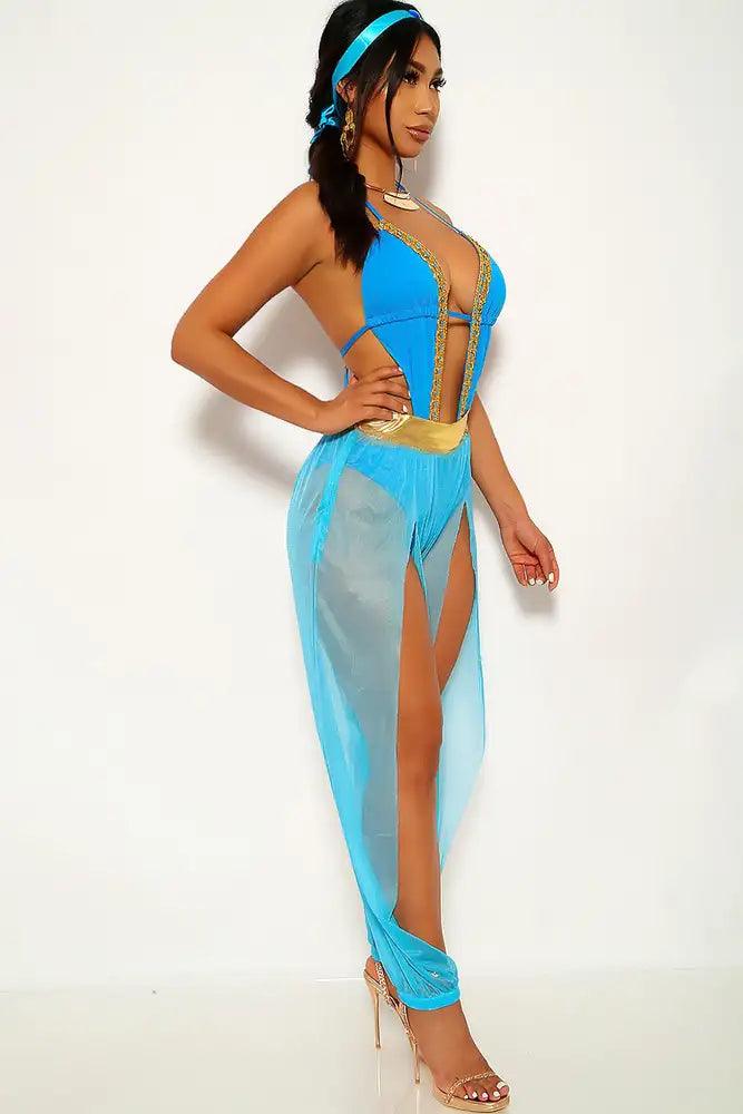 Princess Jas Turquoise Gold Plunging Neck Mesh Costume Set