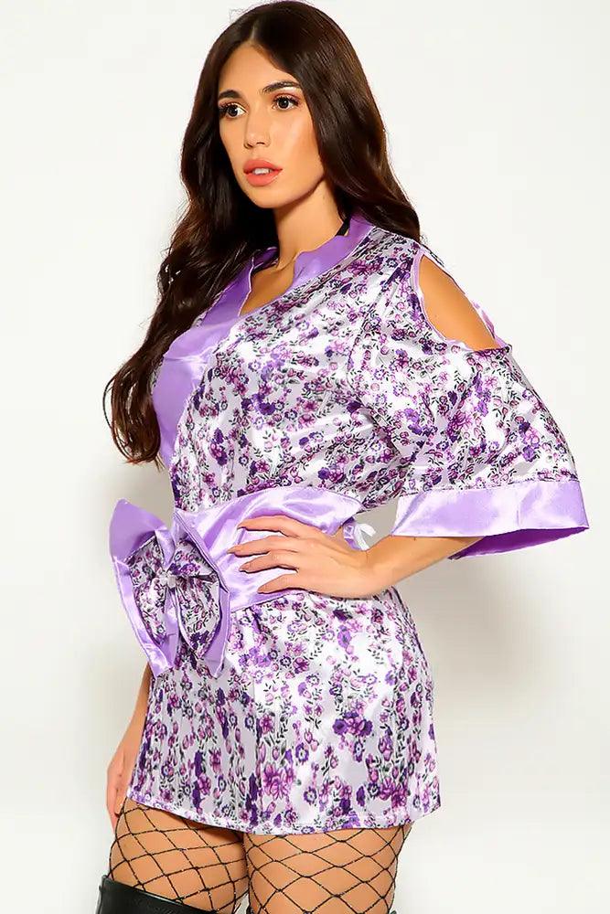 Purple Floral Japanese Kimono Two Piece Costume