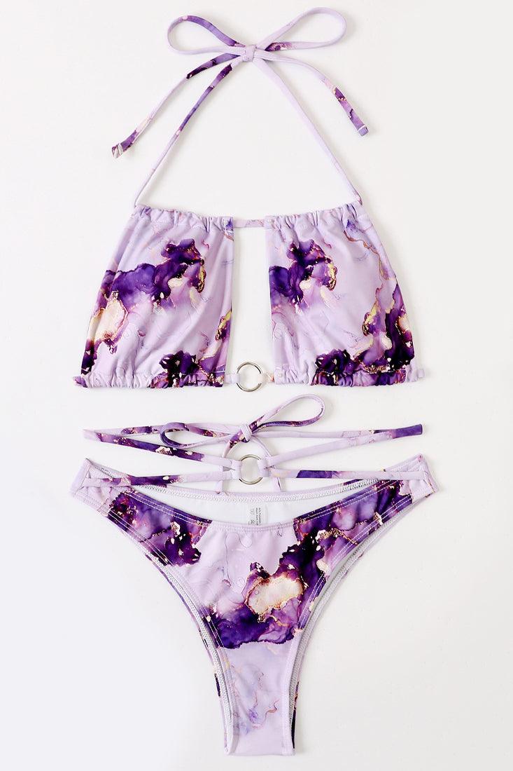 Purple Marble Design Square Halter Top Criss-Cross 2 Pc Bikini Set