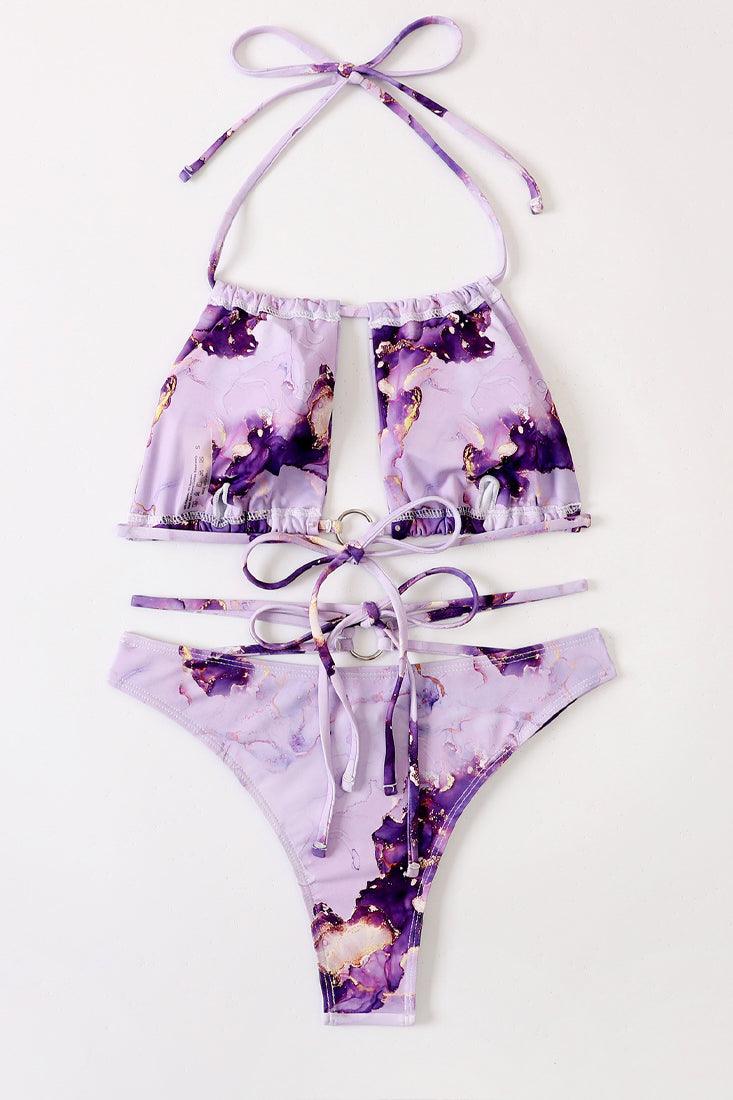 Purple Marble Design Square Halter Top Criss-Cross 2 Pc Bikini Set