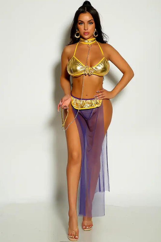 Purple Metallic Halter Chain Strap Mesh Two Piece Costume - Babewear