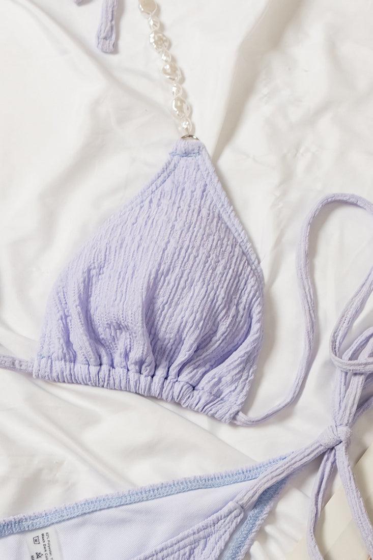 Purple Natural Pearl Straps Triangle Cheeky Cover-Up 3 Pc Sexy Swimsuit Set Bikini