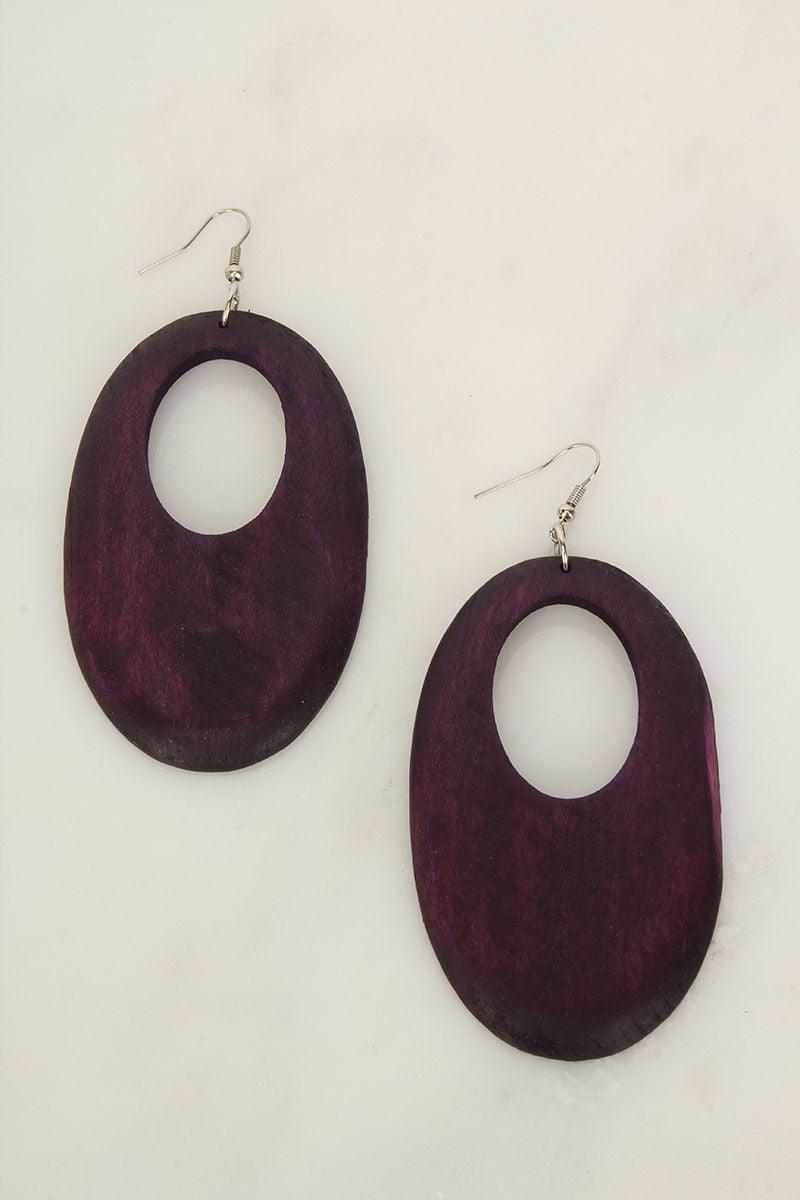 Purple Oval Wooden Earrings