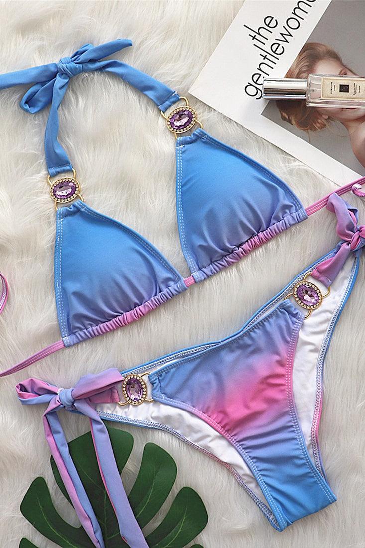 Purple Rhinestone Gem Strappy Halter 2 Pc Swimsuit