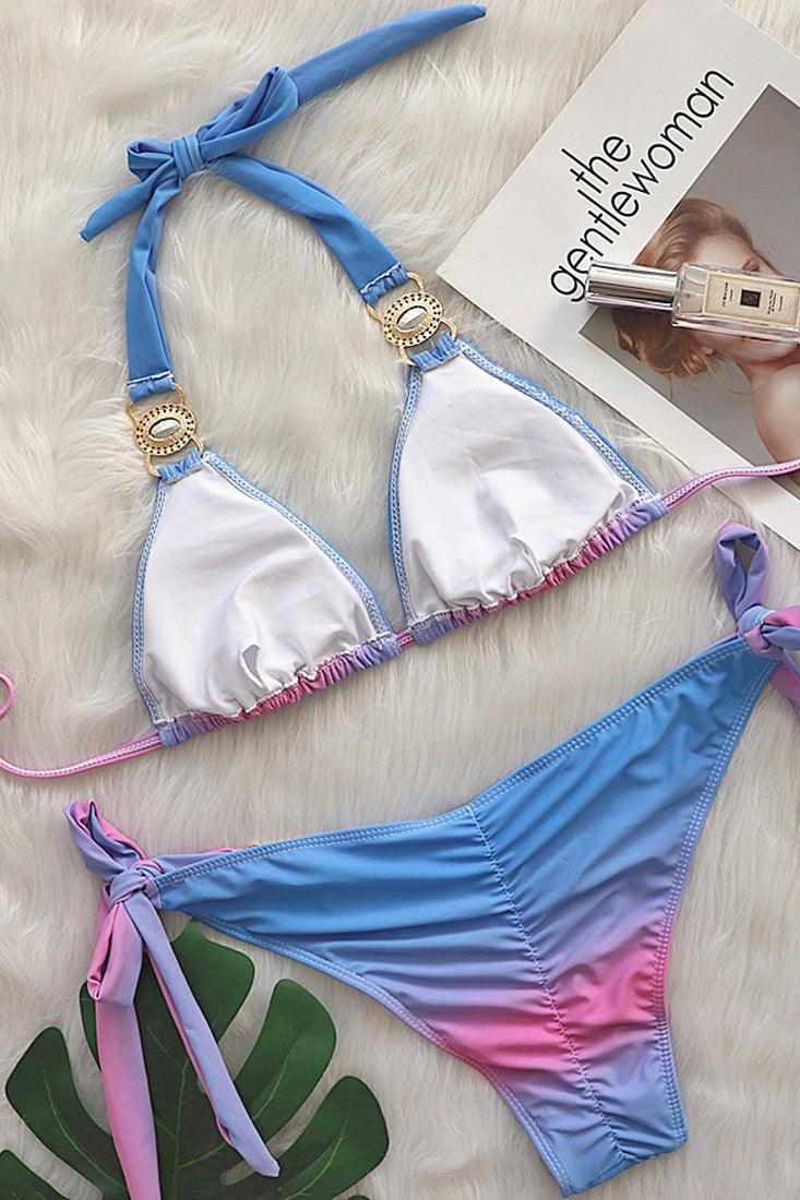 Purple Rhinestone Gem Strappy Halter 2 Pc Swimsuit