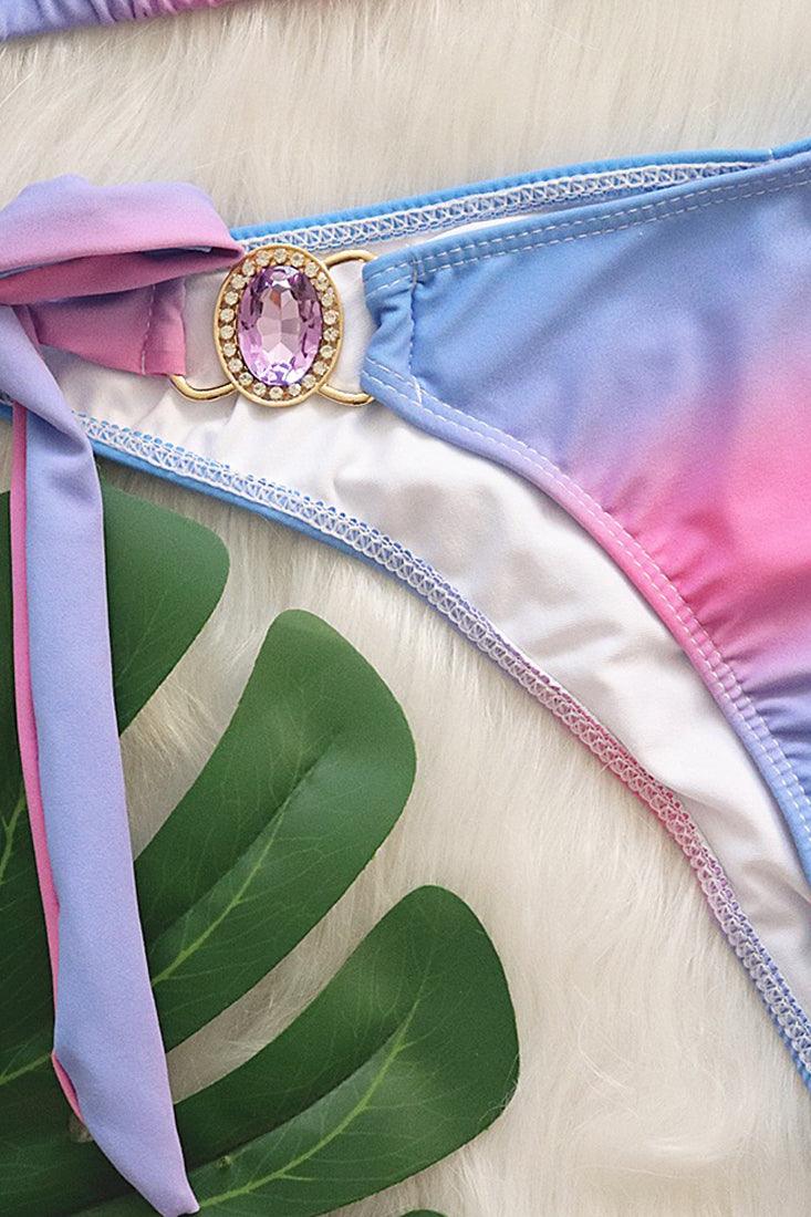 Purple Rhinestone Gem Strappy Halter 2 Pc Swimsuit