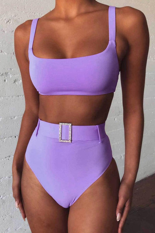 Purple Sleeveless High Waist Rhinestone Detail Two Piece Sexy Swimsuit