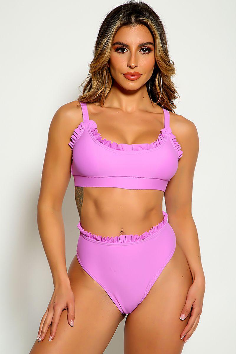 Purple Sleeveless Ruffled Trim Two Piece Swimsuit