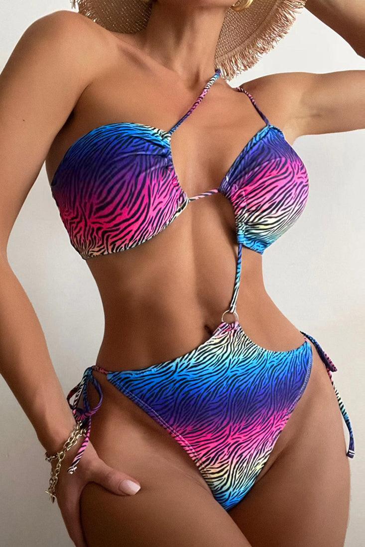 Rainbow Multi Zebra Print Strappy O-Ring One Shoulder 1Pc Swimsuit Monokini