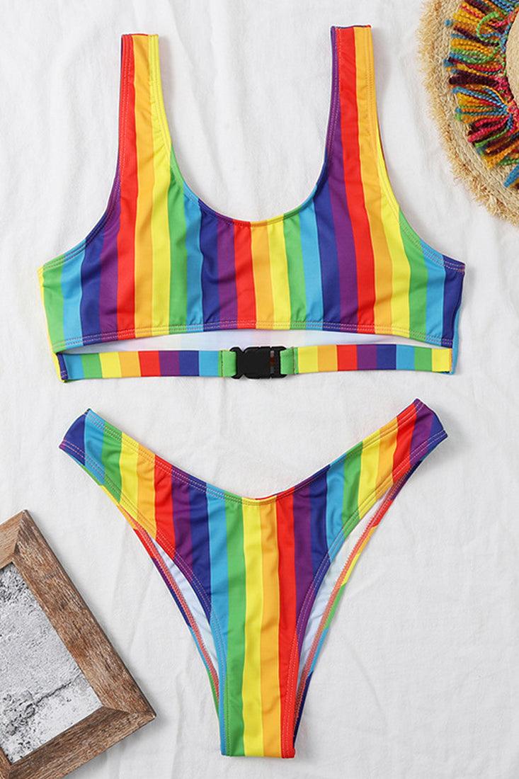 Rainbow Striped Cut Out Two Piece Swimsuit SS027