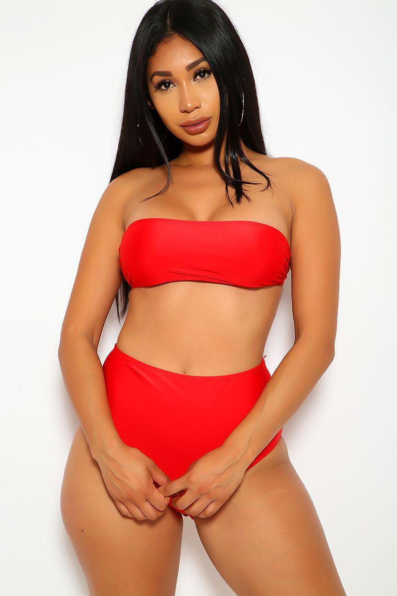 Red Bandeau High Waisted 2 Pc. Swimsuit - Babewear