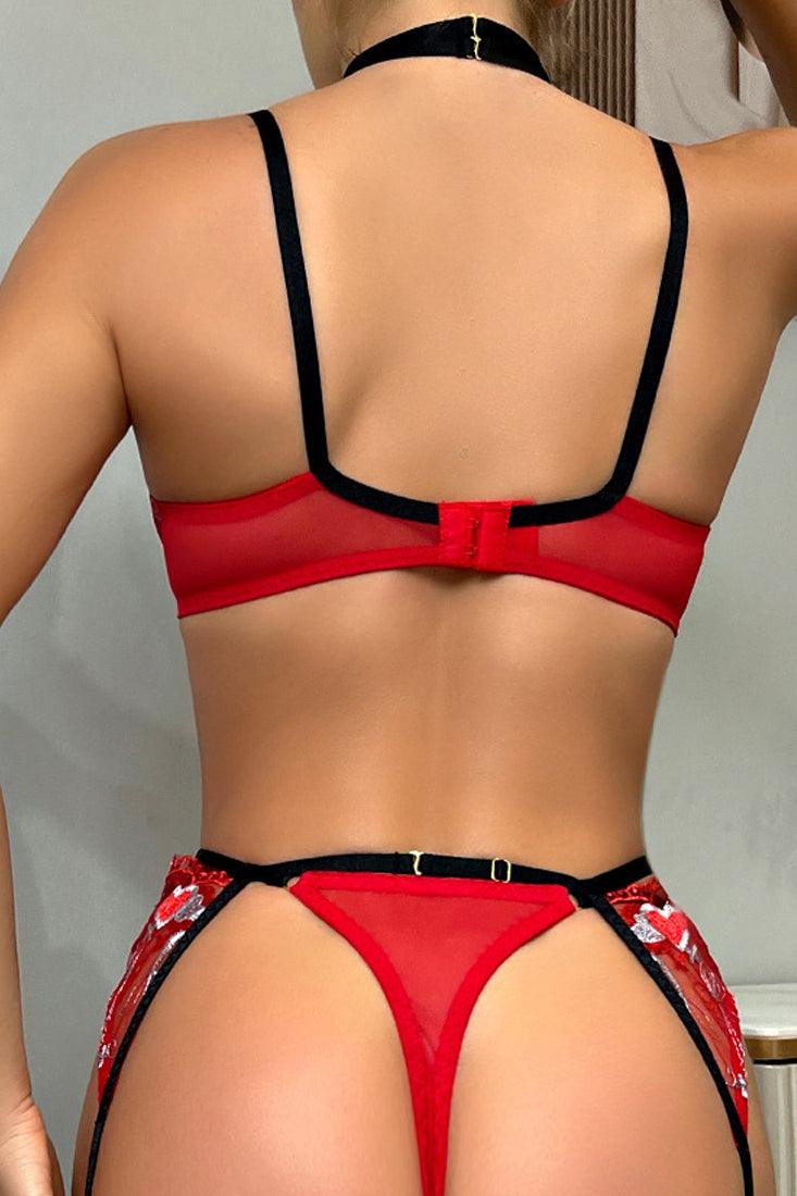 Red Black Heart Embroider Mesh Choker Thong Garter Belt 5Pc Lingerie Set