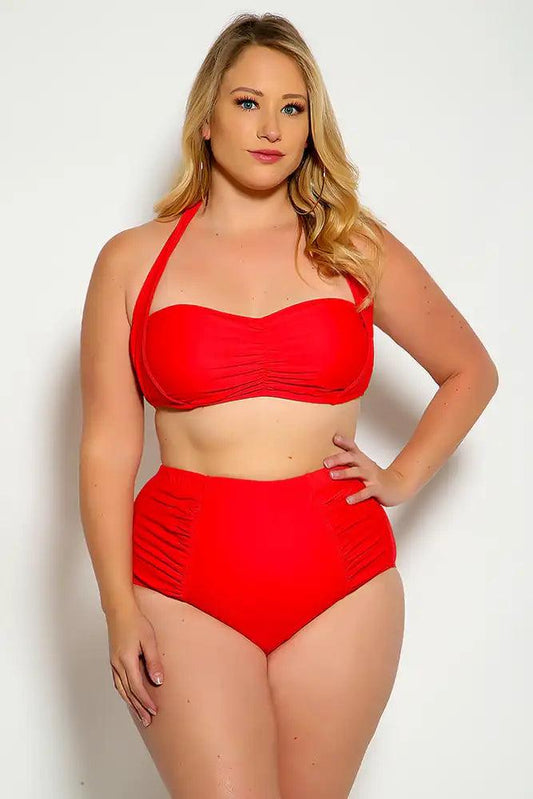 Red Bold Halter Top Ruched High Waist Two Piece Swimsuit Plus