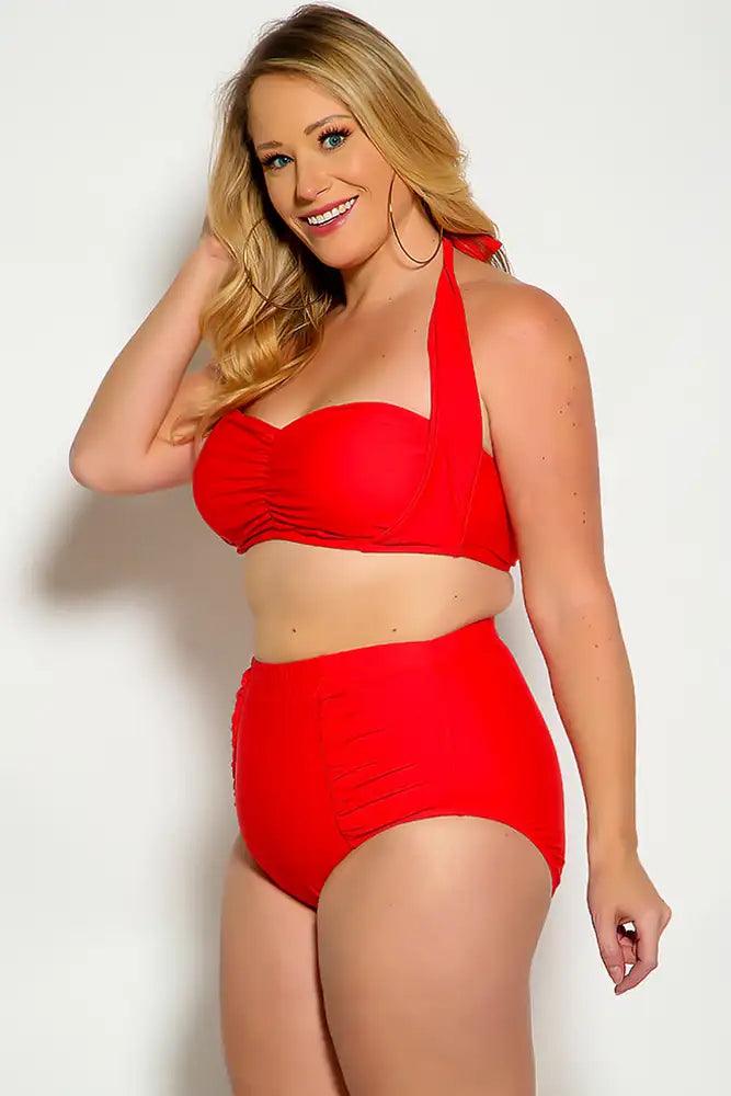 Red Bold Halter Top Ruched High Waist Two Piece Swimsuit Plus