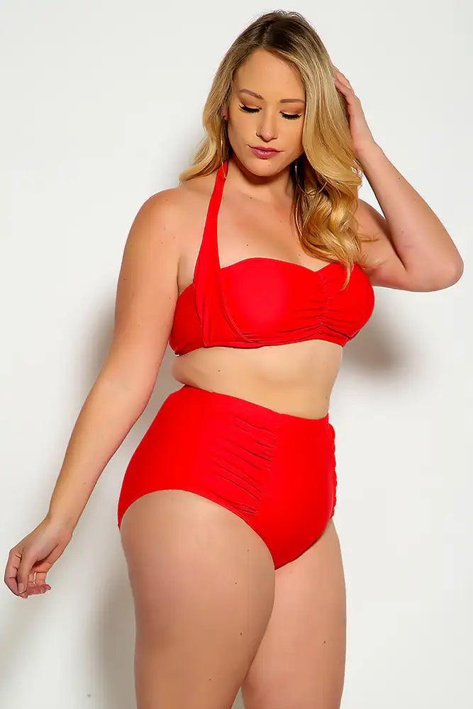 Red Bold Halter Top Ruched High Waist Two Piece Swimsuit Plus