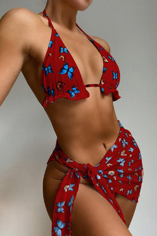 Red Butterfly Print Sexy Three Piece Swimsuit