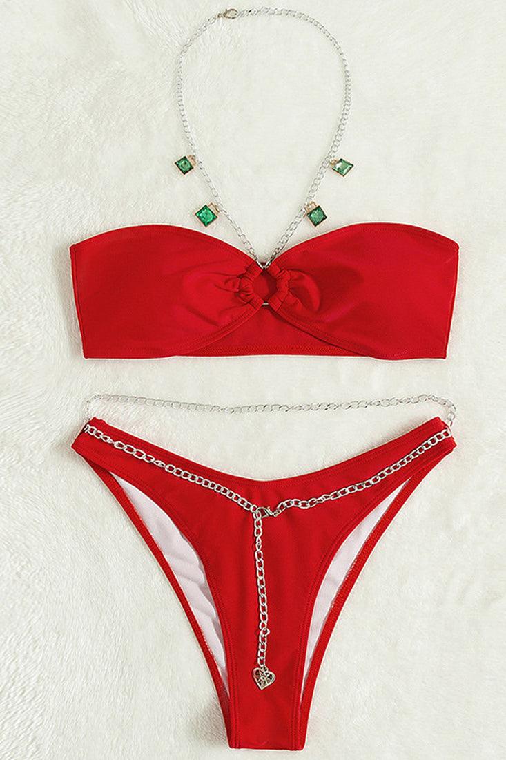 Red Chain Rhinestone Accent Halter Two Piece Swimsuit