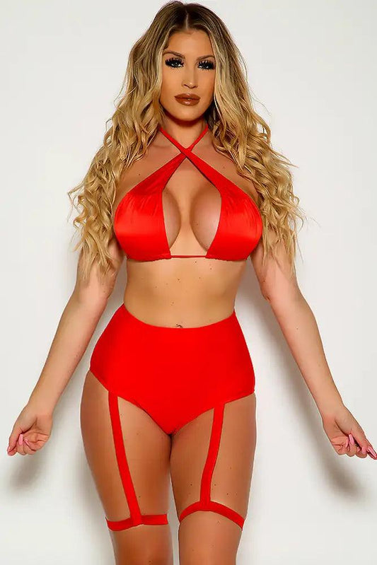 Red Cross Strap Garter High Waist Two Piece Sexy Swimsuit - Babewear