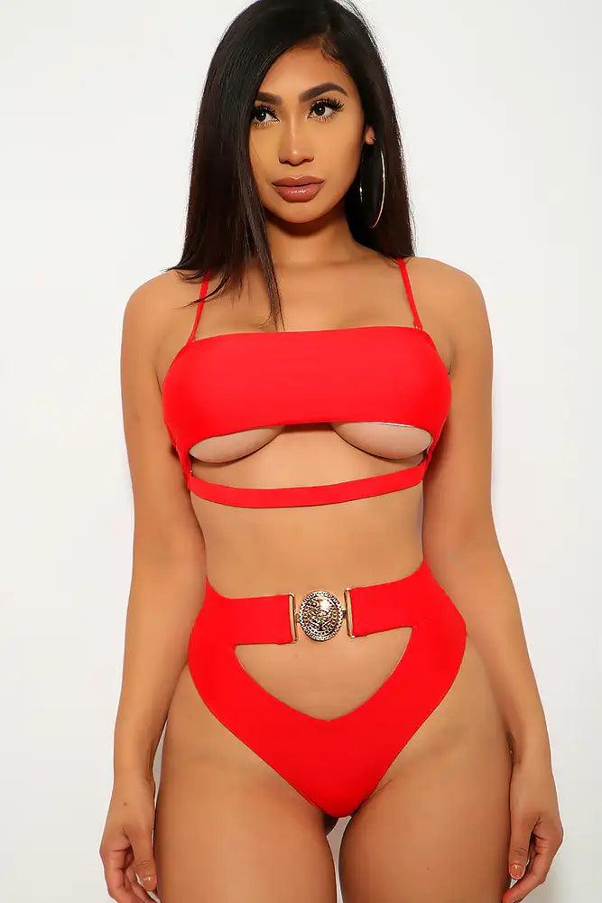 Red Cut Out Padded Two Piece Swimsuit - Babewear