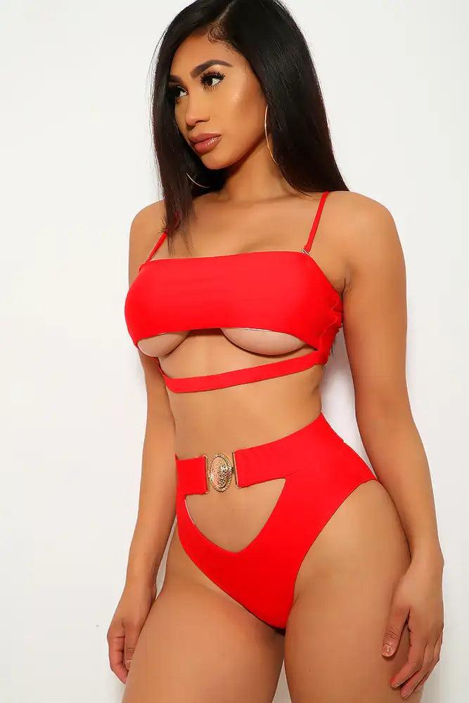 Red Cut Out Padded Two Piece Swimsuit