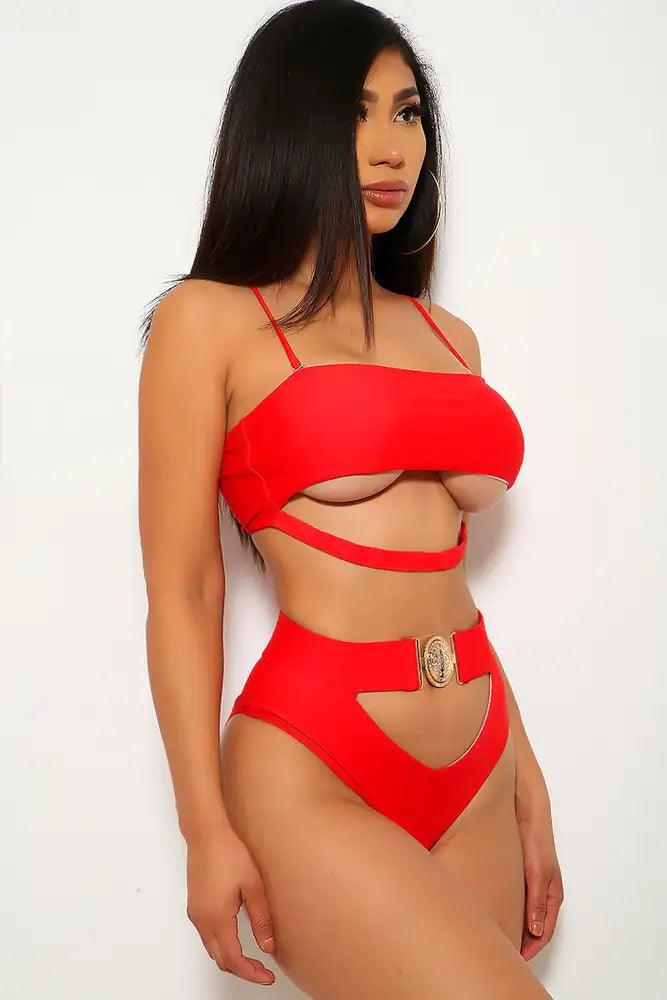 Red Cut Out Padded Two Piece Swimsuit