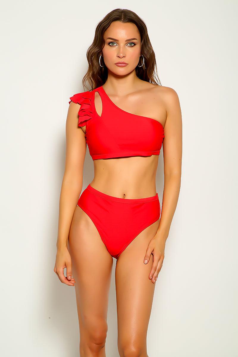 Red Cut Out Sexy Ruffled One Shoulder Two Piece Swimsuit