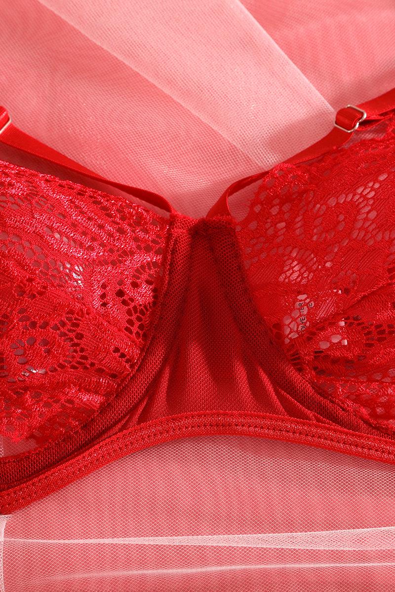 Red Floral Lace Garter Underwire Sexy Lingerie Set